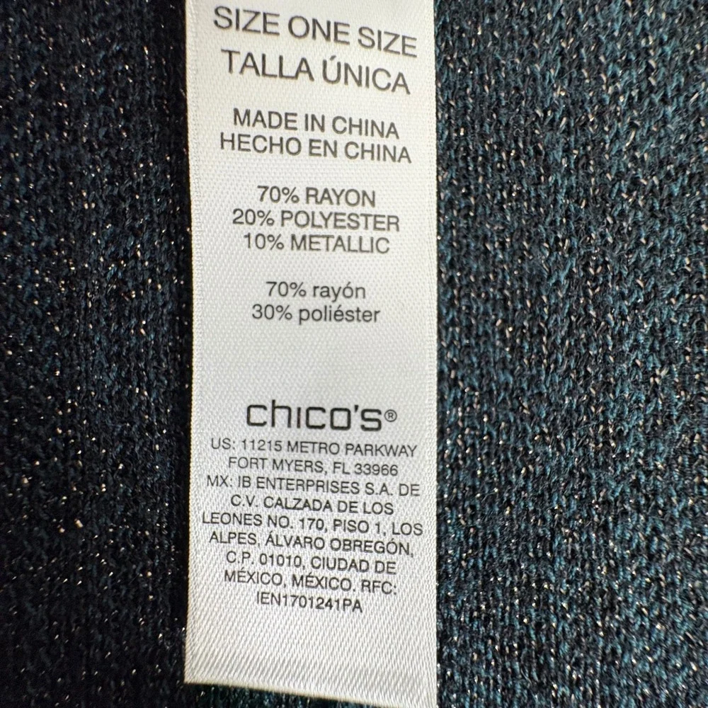 Chicos‎ Womens One Size Metallic Swirl Knit Open Front Poncho Cape Teal Black